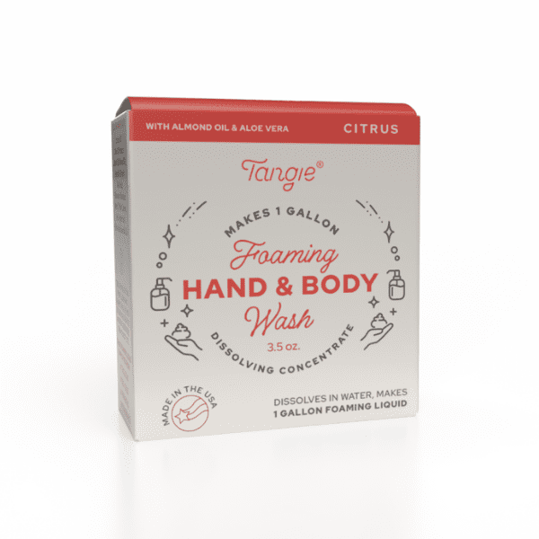 Tangie Citrus Hand & Body Wash Concentrate front of box featuring bright citrus blend. Sustainable liquid soap refill that dissolves to create one gallon of plant-based wash