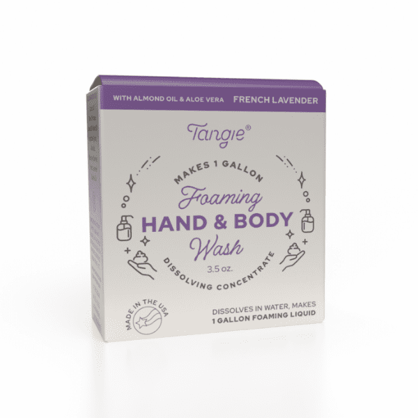 Tangie Lavender Hand & Body Wash Concentrate front of box. Zero-waste foaming soap refill that dissolves to make one gallon of liquid hand and body wash.