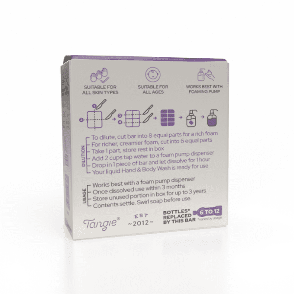 Tangie Lavender Hand & Body Wash Concentrate back of box showing instructions, ingredients, and refill details. Zero-waste foaming soap concentrate.