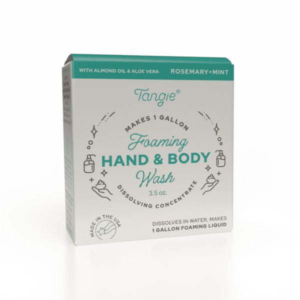 Tangie Rosemary Mint Hand & Body Wash Concentrate front of box with herbal scent. Refillable foaming soap concentrate that makes one gallon of natural liquid cleanser.