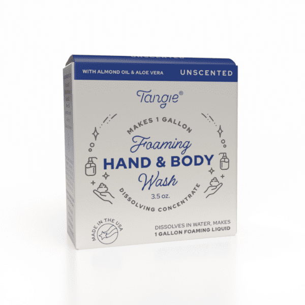 Tangie Unscented Hand & Body Wash Concentrate front of box. Fragrance-free liquid soap refill that dissolves into one gallon of gentle, non-toxic cleanser.