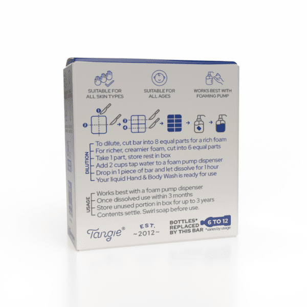 Tangie Unscented Hand & Body Wash Concentrate back of box showing instructions, ingredients, and refill details. Zero-waste foaming soap concentrate.
