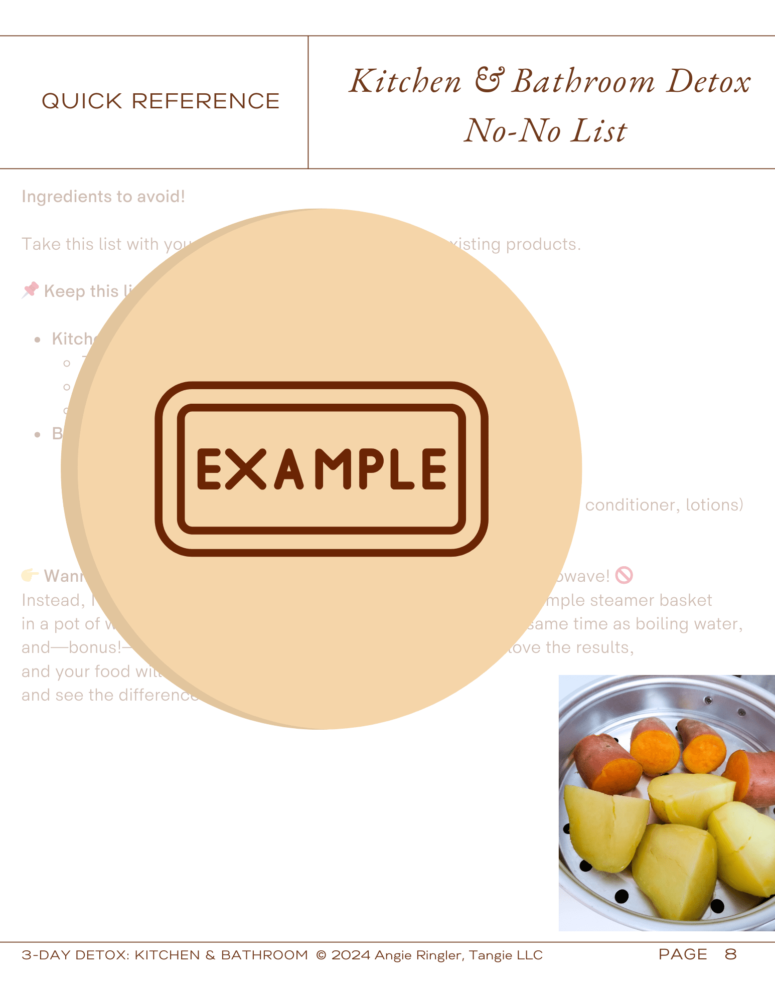Kitchen & Bathroom Detox No-No List: A quick reference guide for identifying harmful ingredients in everyday products, plus a kitchen hack to reduce toxin exposure.