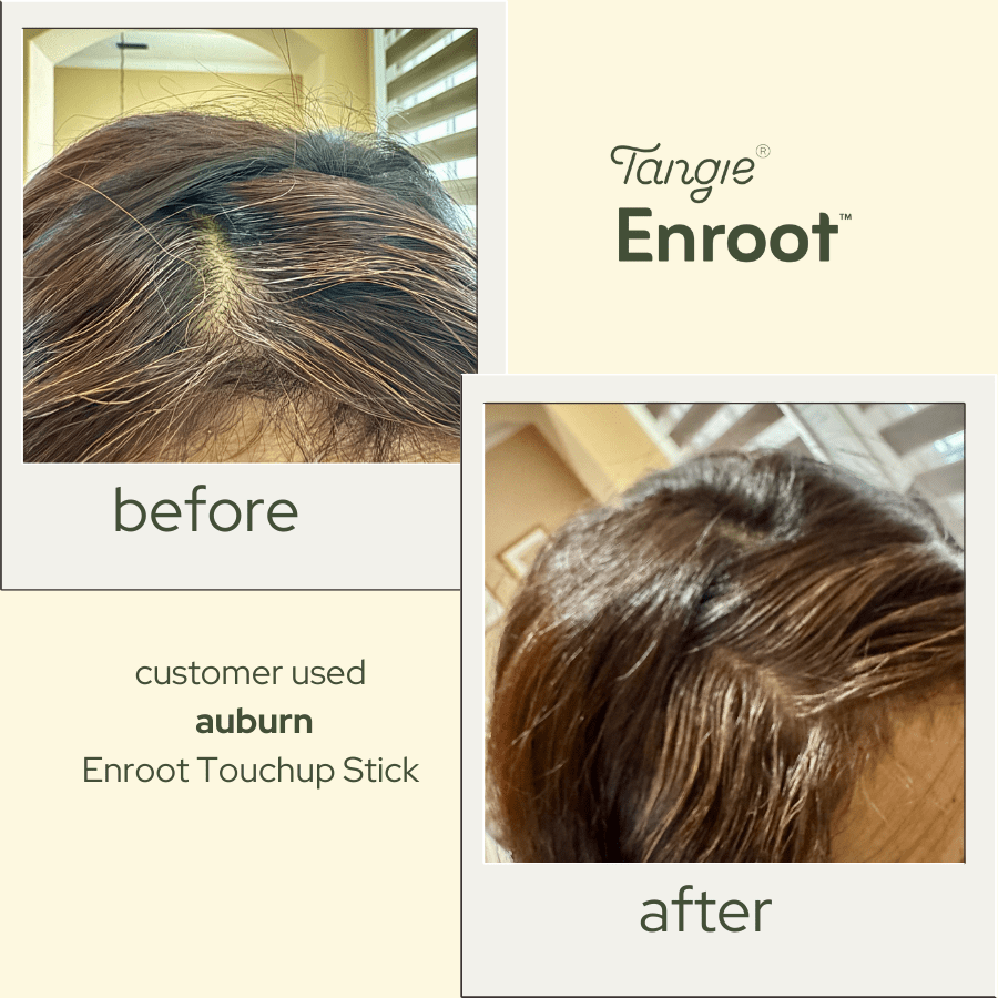 Before and after comparison of gray root coverage using Enroot Temporary Root Touchup Stick in Auburn, applied on Sicily’s hair.