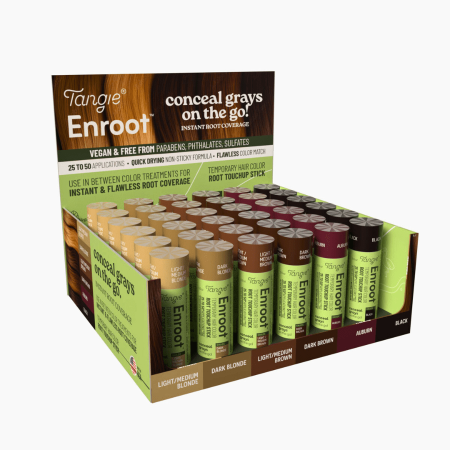 Enroot Temporary Root Touchup Stick 36-unit retail display tray, featuring all six shades for in-store merchandising.