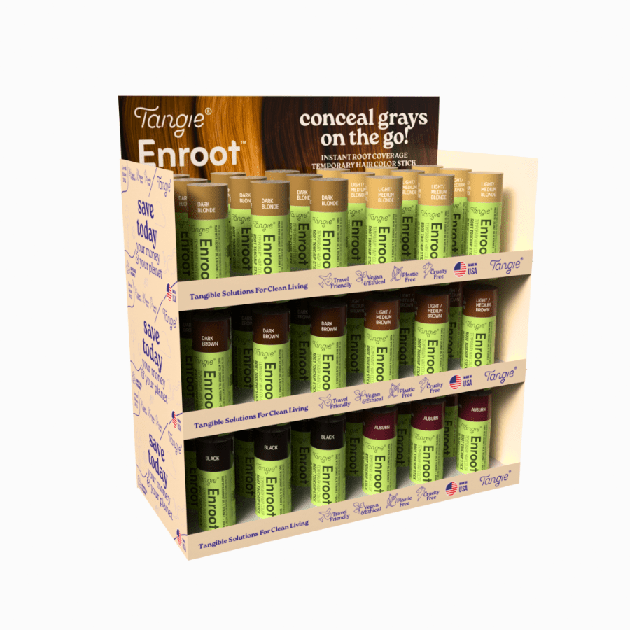 Enroot Temporary Root Touchup Stick display tray with three shelves, stocked with all six shades, designed for retail merchandising.