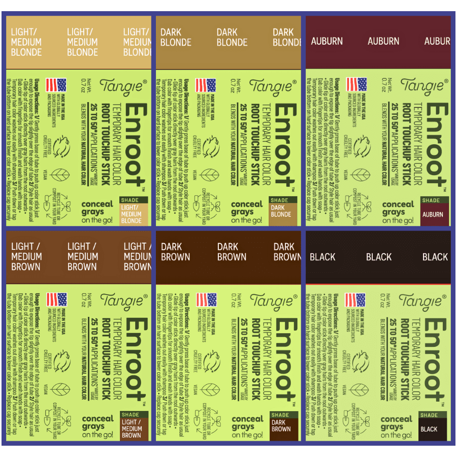 Enroot Temporary Root Touchup Stick packaging labels for all six shades, displayed in a grid format to showcase product details.