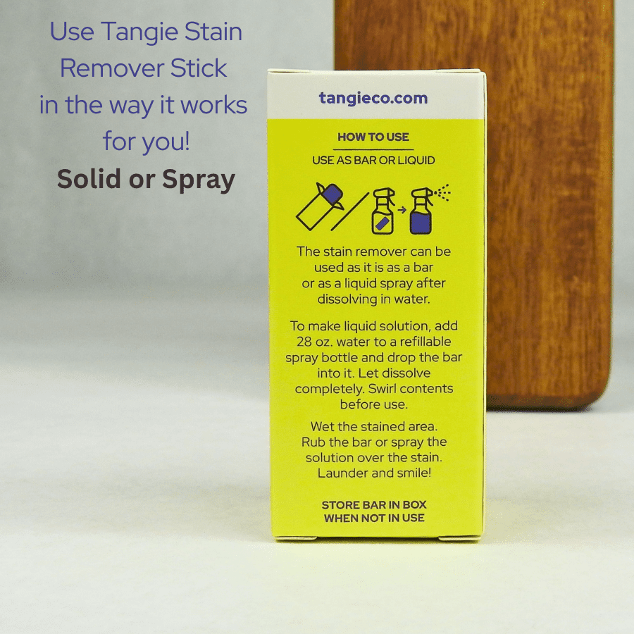 Tangie Laundry Stain Remover Bar packaging with directions to use as bar or liquid spray