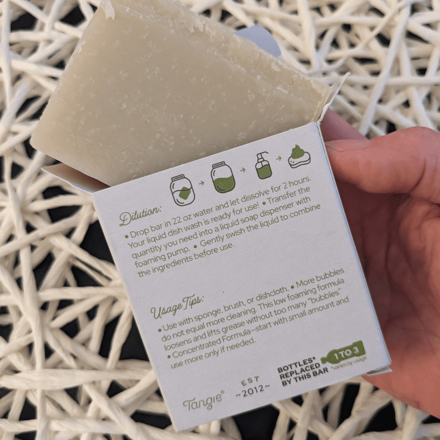 Back of Tangie Dish Soap Concentrate by Tangieco box showing use directions and product details