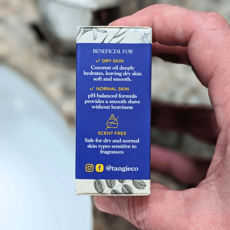 Side panel of Tangie Shave Cream Bar packaging highlighting product benefits, including zero waste, compostable packaging, and eco-friendly ingredients.