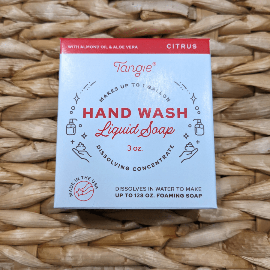 Tangie Citrus Hand Wash Concentrate – Front of Box. Zero-waste foaming soap refill dissolves into liquid soap for an eco-friendly, plastic-free alternative