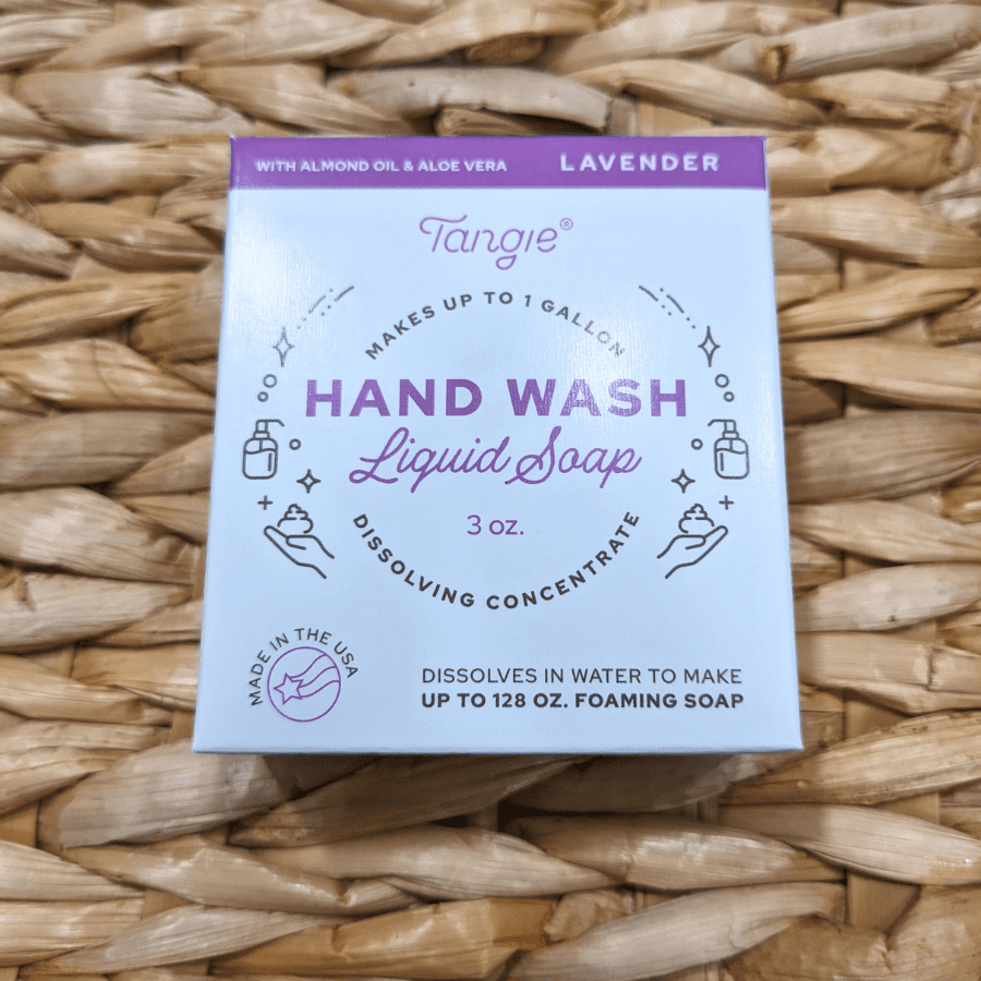 Tangie Lavender Hand Wash Concentrate – Front of Box. Zero-waste foaming soap refill dissolves into liquid soap for an eco-friendly, plastic-free alternative.