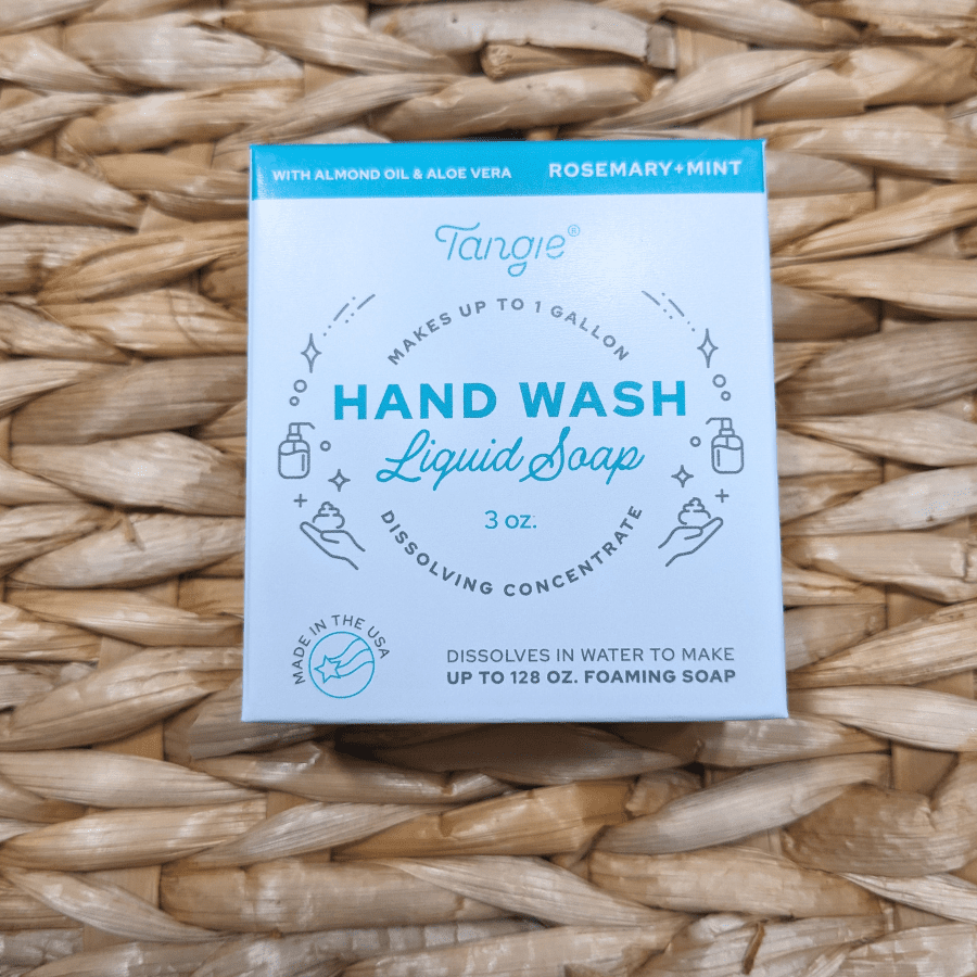 Tangie Rosemary Mint Hand Wash Concentrate – Front of Box. Zero-waste foaming soap refill dissolves into liquid soap for an eco-friendly, plastic-free alternative.