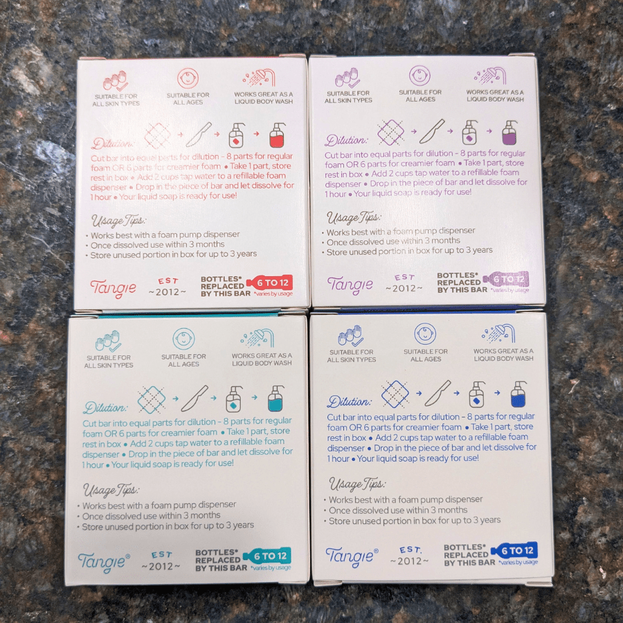 Tangie Hand Wash Concentrate – Back of Boxes, All Variations. Detailed product instructions and ingredients for Citrus, Lavender, Rosemary Mint, and Unscented foaming soap refills.