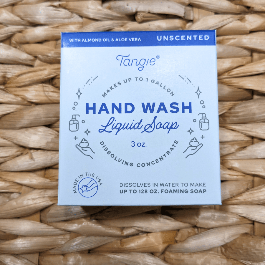 Tangie Unscented Hand Wash Concentrate – Front of Box. Zero-waste foaming soap refill dissolves into liquid soap for an eco-friendly, plastic-free alternative.