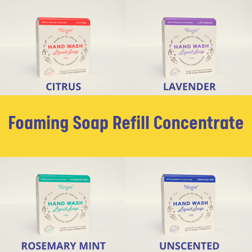 Foaming Soap Refill Concentrate – Four Variations: Citrus, Lavender, Rosemary Mint, and Unscented. Tangie’s zero-waste hand wash concentrate dissolves into liquid soap, offering a plastic-free, sustainable alternative.