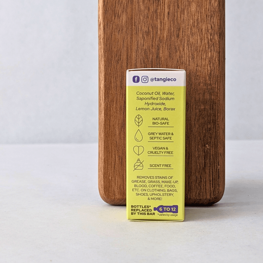 Tangie Stain Remover Bar box showing ingredient list and eco icons—natural, greywater safe, vegan, scent-free.