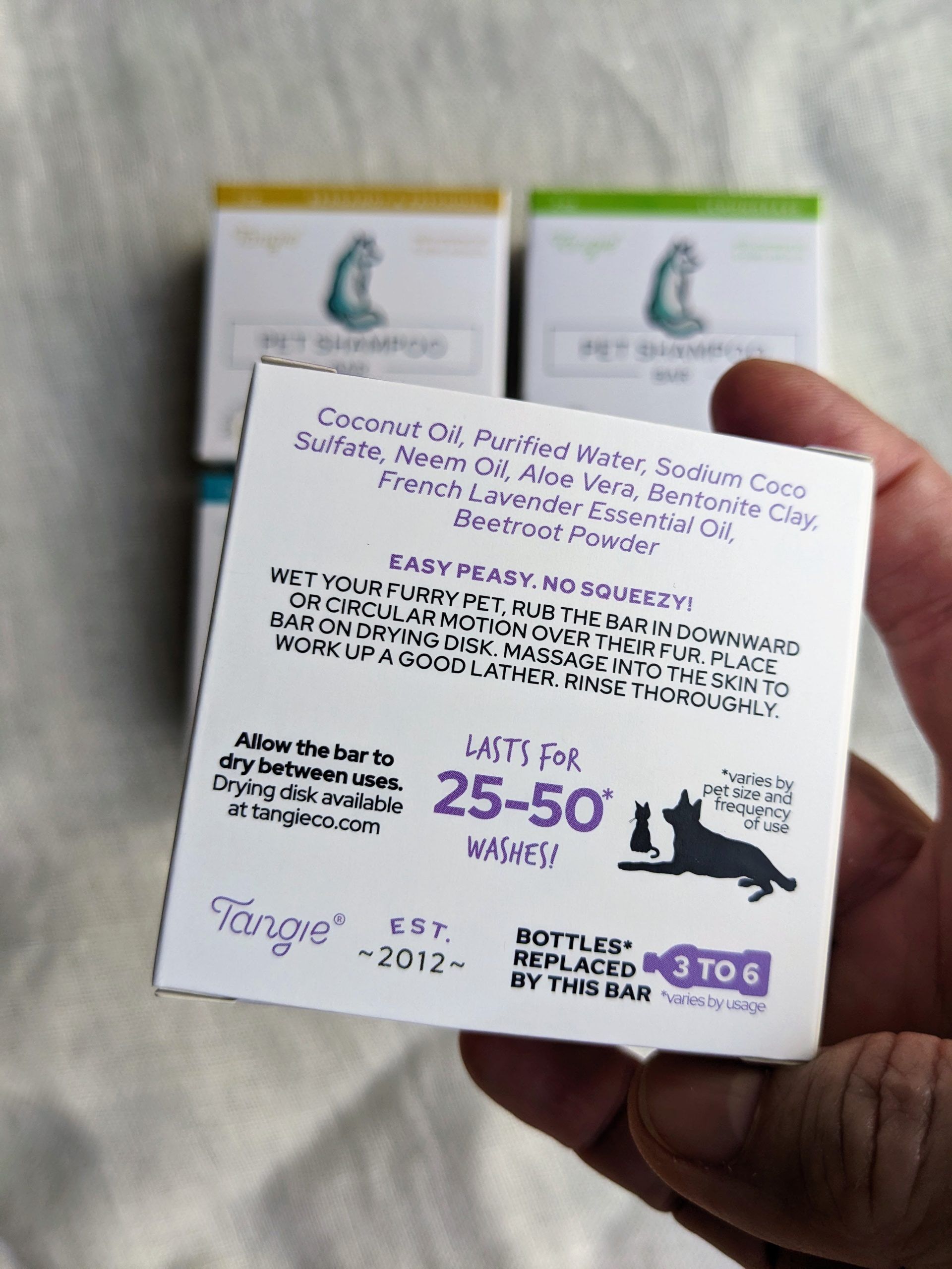 Lavender pet shampoo bar by Tangie, soothing and calming for pets, with human-grade ingredients and plastic-free packaging.