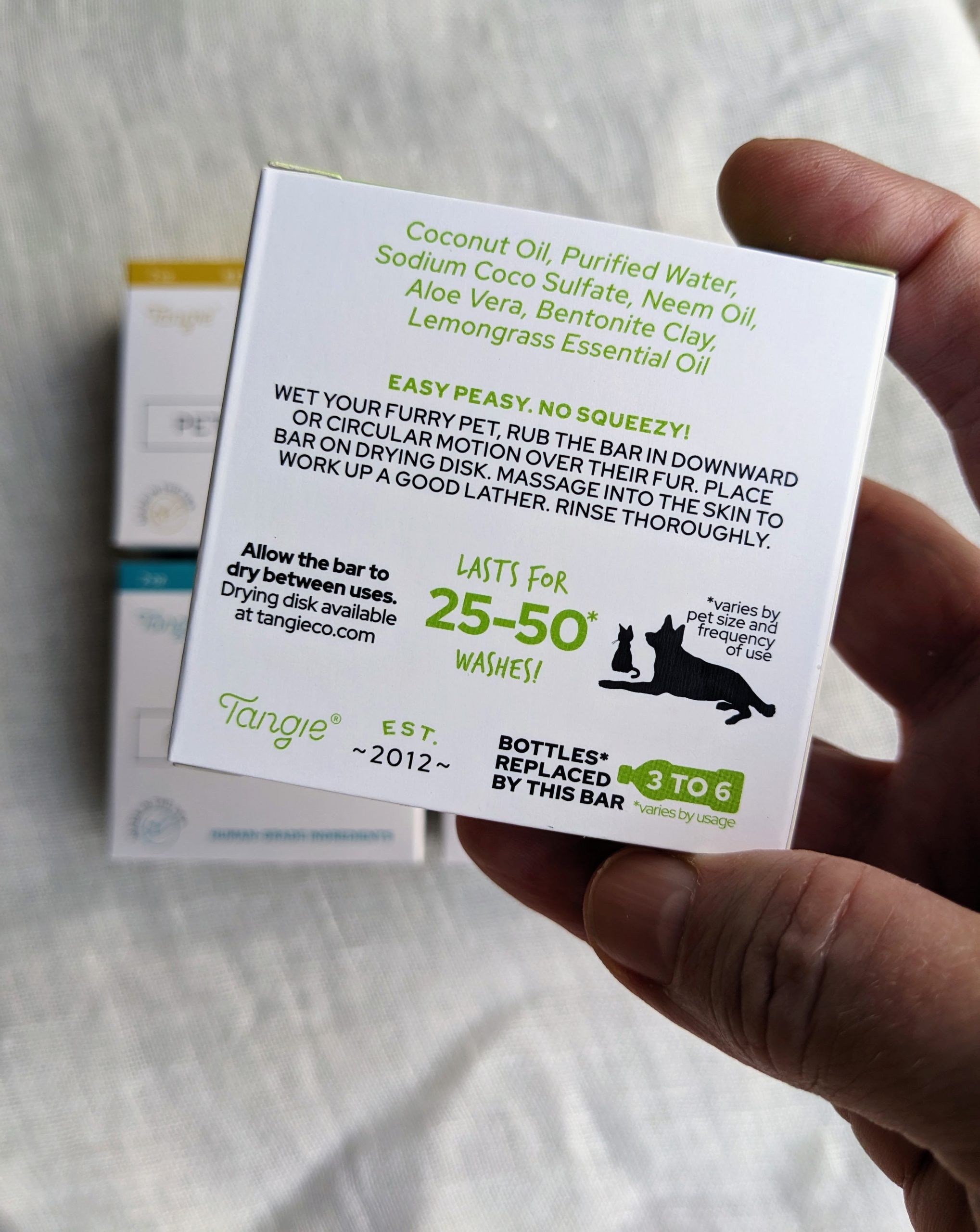 Lemongrass pet shampoo bar by Tangie, with natural deodorizing and flea-repelling properties, made from human-grade ingredients.