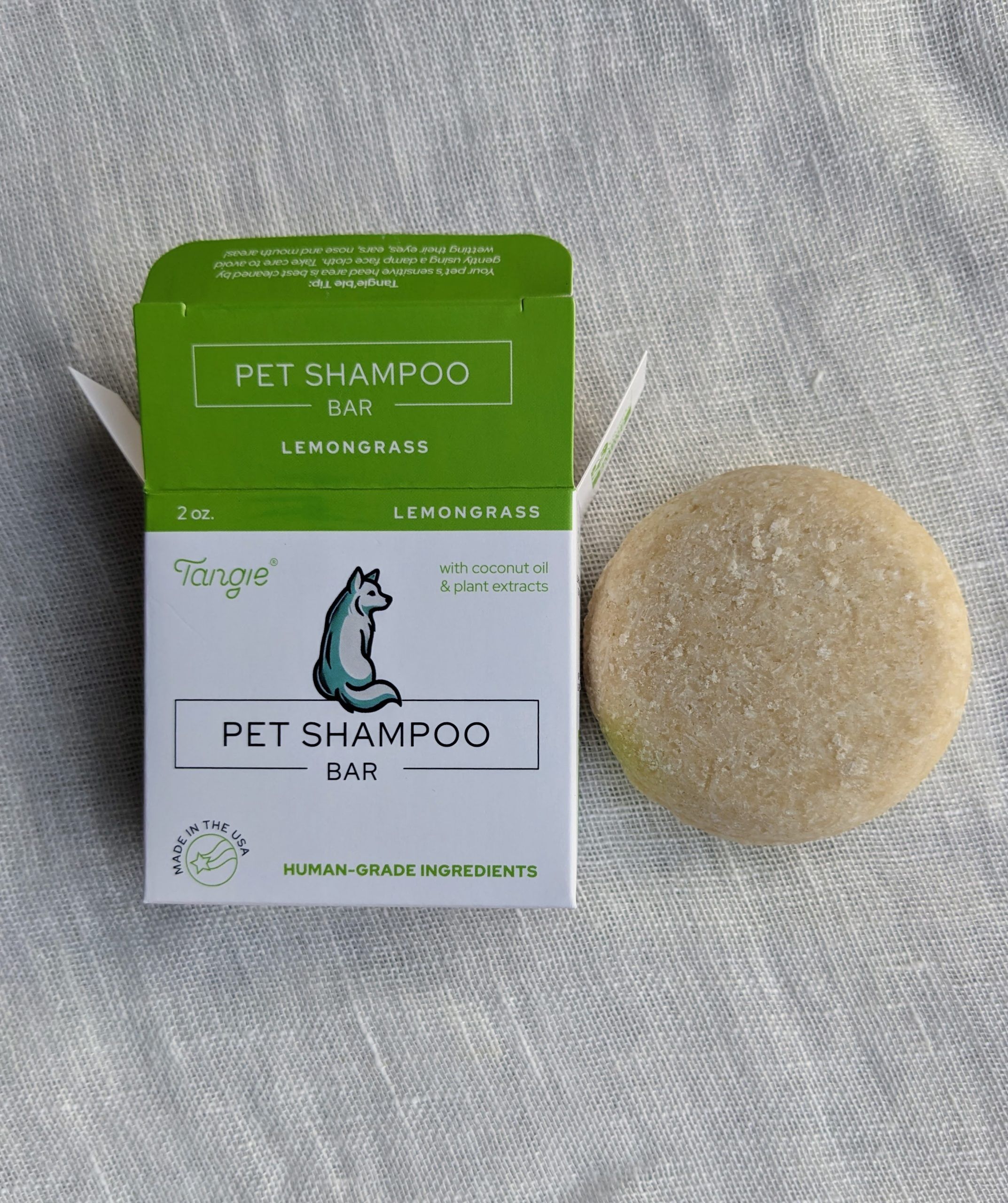 Lemongrass pet shampoo bar by Tangie, with natural deodorizing and flea-repelling properties, made from human-grade ingredients.