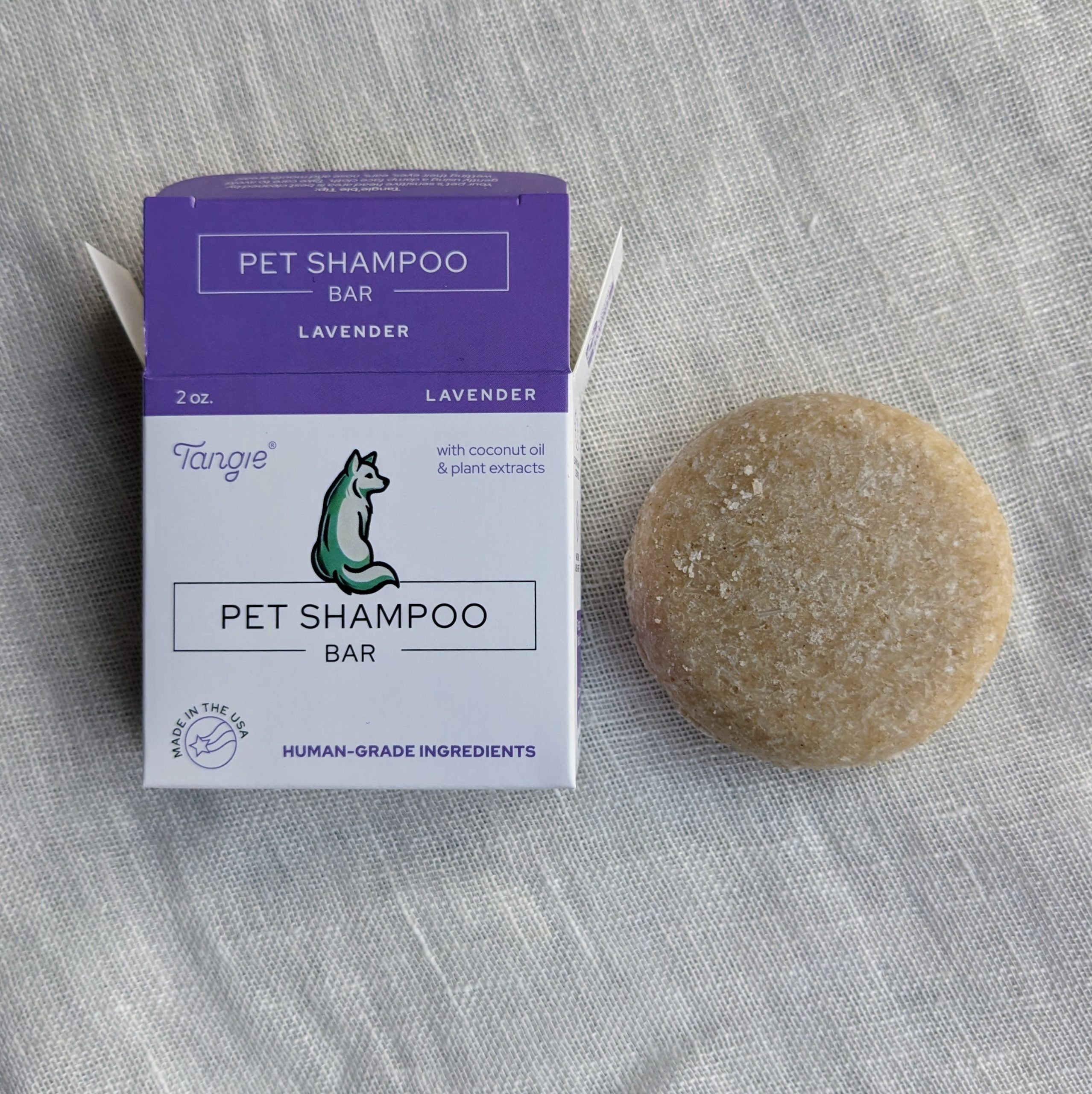 Lavender pet shampoo bar by Tangie, soothing and calming for pets, with human-grade ingredients and plastic-free packaging.