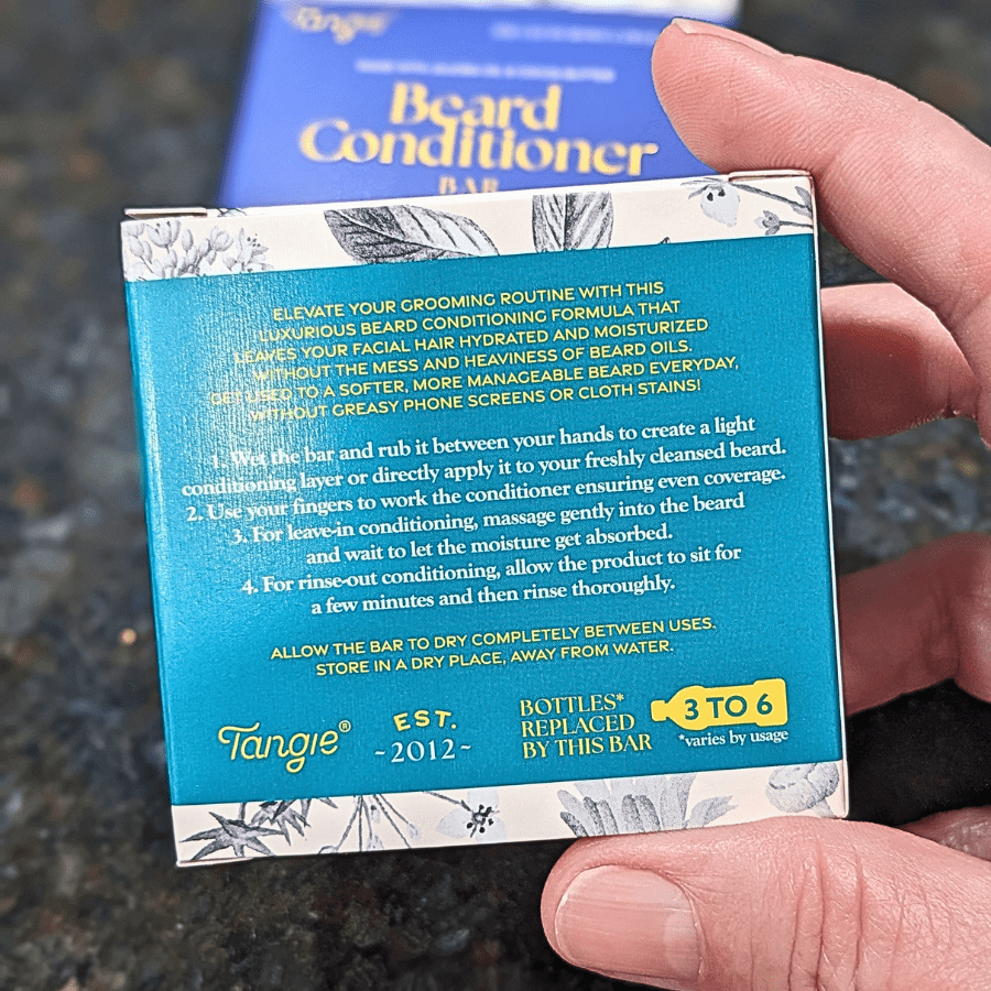 Tangie Beard Conditioner Bar, close-up of the back of the packaging, highlighting product details and sustainable benefits.