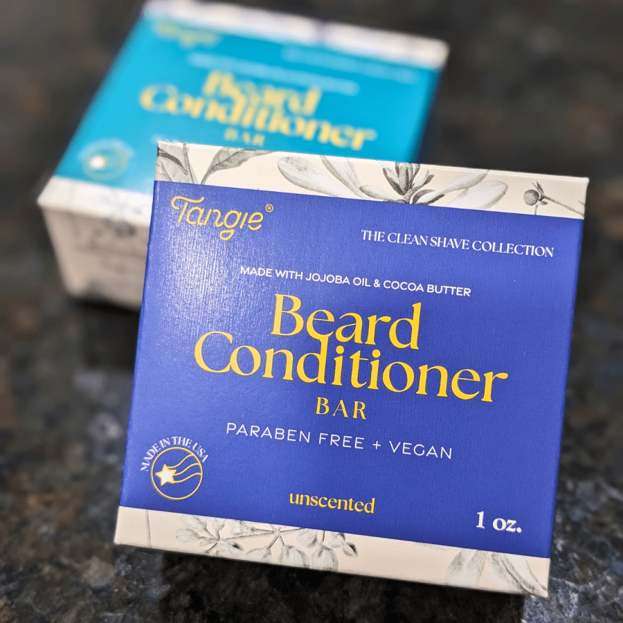 Tangie Beard Conditioner Bar, Unscented, close-up of the front of the box, highlighting the product name and plastic-free packaging.