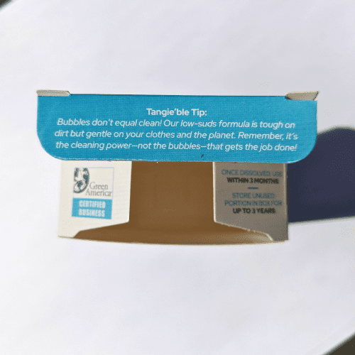 Tangie Laundry Liquid Soap – Box Flap with Tangie’ble Tip Sustainability Message
