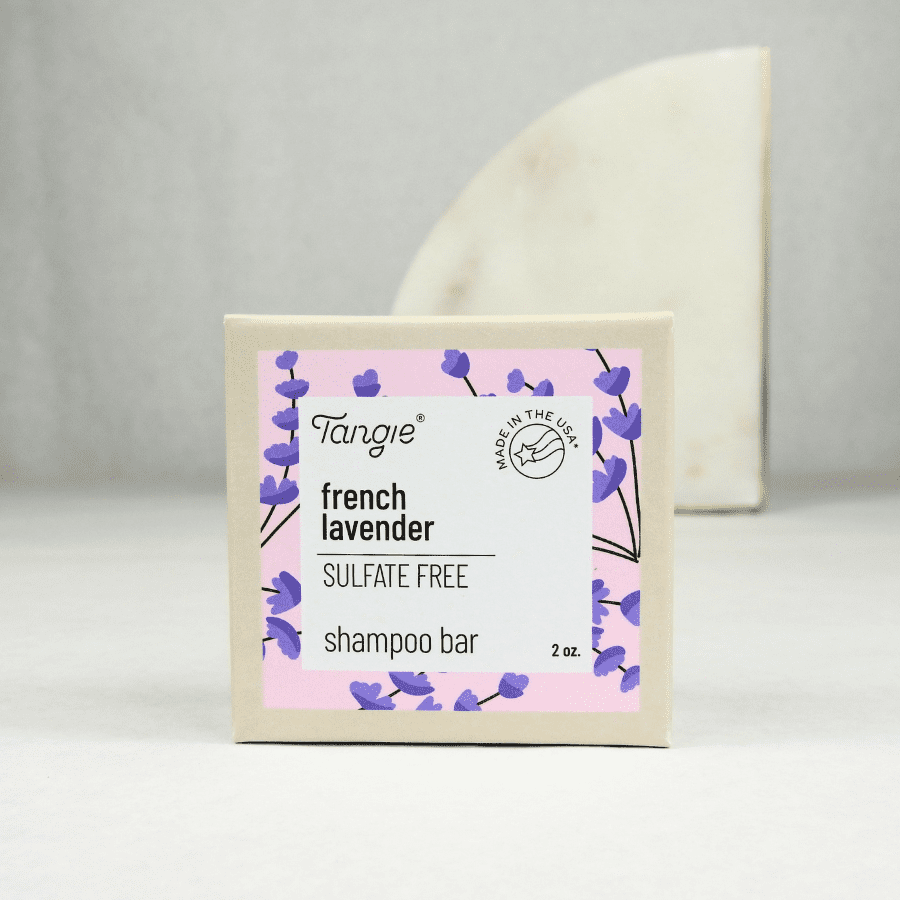 Tangie sulfate-free lavender shampoo bar in eco-friendly paperboard packaging