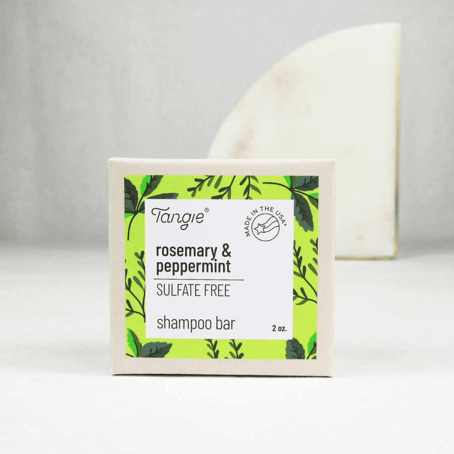 Tangie rosemary mint shampoo bar, sulfate-free and packaged in a zero-waste paperboard box