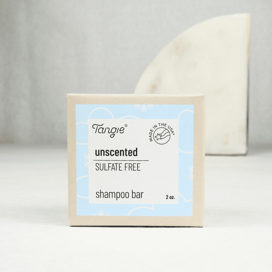 Tangie unscented sulfate-free shampoo bar in minimal paperboard box on marble background