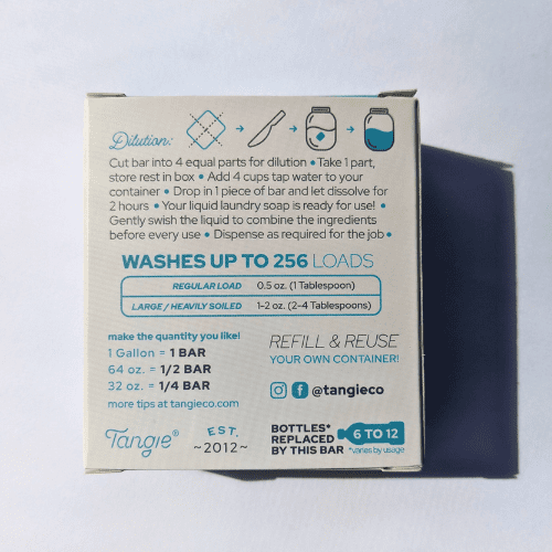 Tangie Laundry Liquid Soap – Back of New Box Design with Usage & Ingredients