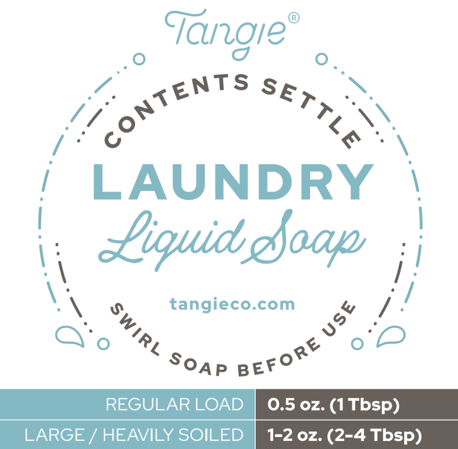 Tangie Laundry Liquid Soap Concentrate sticker label. Plastic-free laundry concentrate made in America, dissolves to create powerful liquid detergent.