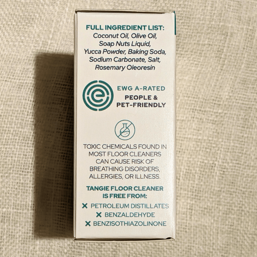 Tangie Floor Cleaner Concentrate box side panel with full ingredient list and certifications