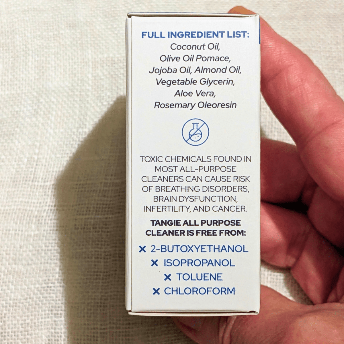 Side view of Tangie’s all-purpose cleaner packaging highlighting the natural ingredient list.