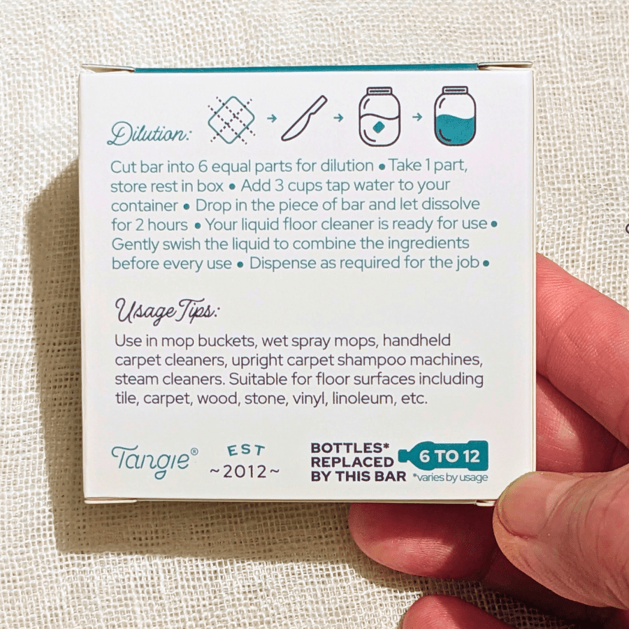 Back of Tangie Floor Cleaner Concentrate box showing ingredients, usage instructions, and certifications
