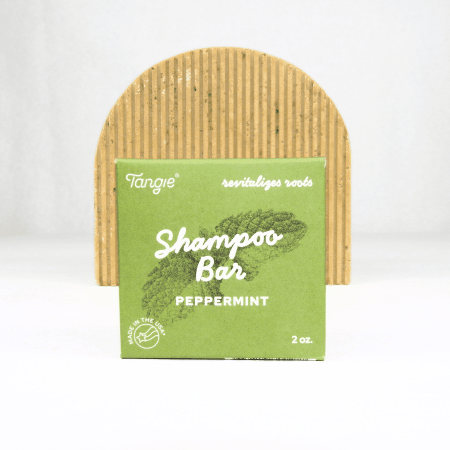 Eco-friendly peppermint shampoo bar in sustainable paper box packaging – plastic-free hair care by Tangie