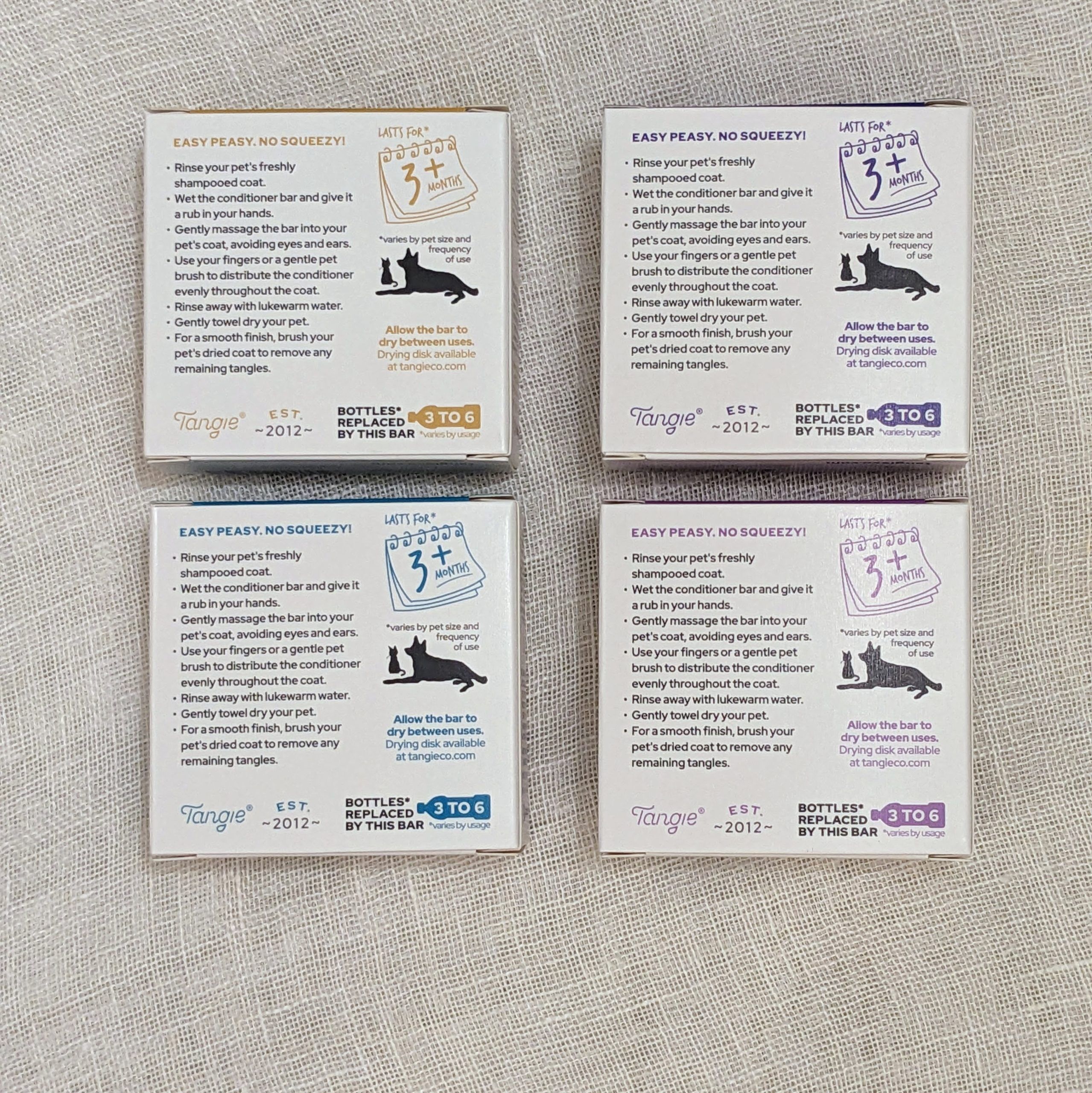 Tangie Pet Conditioner Bar back panels displaying instructions for use, durability claims, and eco-friendly features for all variations.