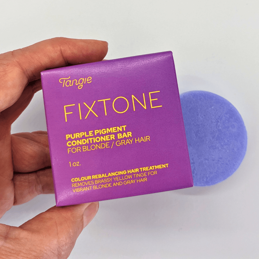 Tangie Fixtone Purple Conditioner Bar and box — neutralizes brass on blonde, gray & silver hair