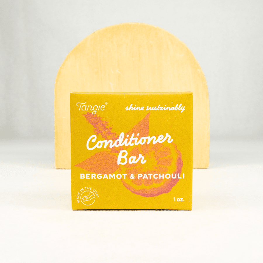 Tangie Bergamot Patchouli Conditioner Bar in paper box display, 900x900 image